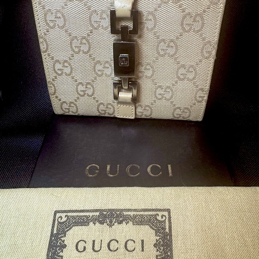 Gucci Monogram Wallet FULL SET Silver Chain Clasp Vintage GG Sabbia Sand color - Picture 11 of 14